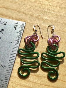 Small Pink and Green Wire Earrings with sterling silver ear wire