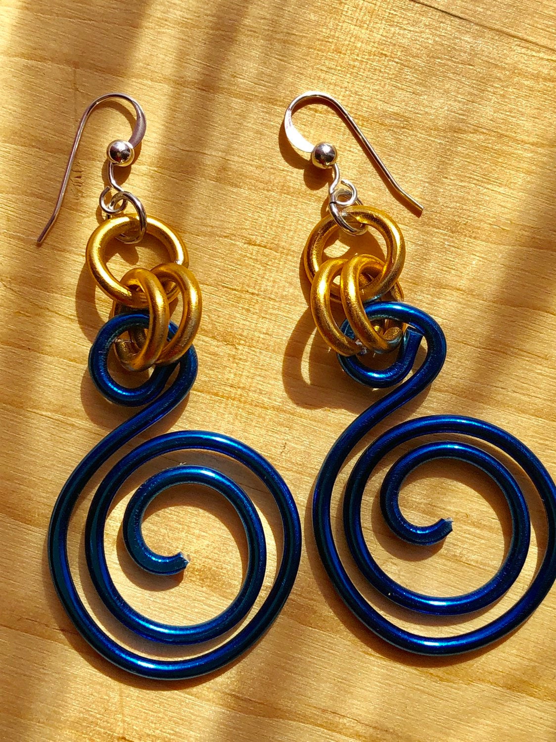 Small Round Blue and Gold Circle Aluminum Wire Earrings with sterling silver ear wire
