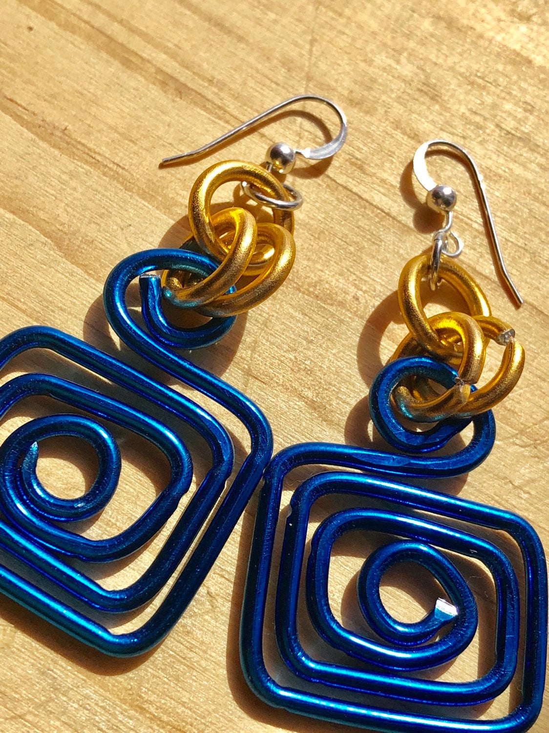Small Square Blue and Gold Circle Aluminum Wire Earrings with sterling silver ear wire