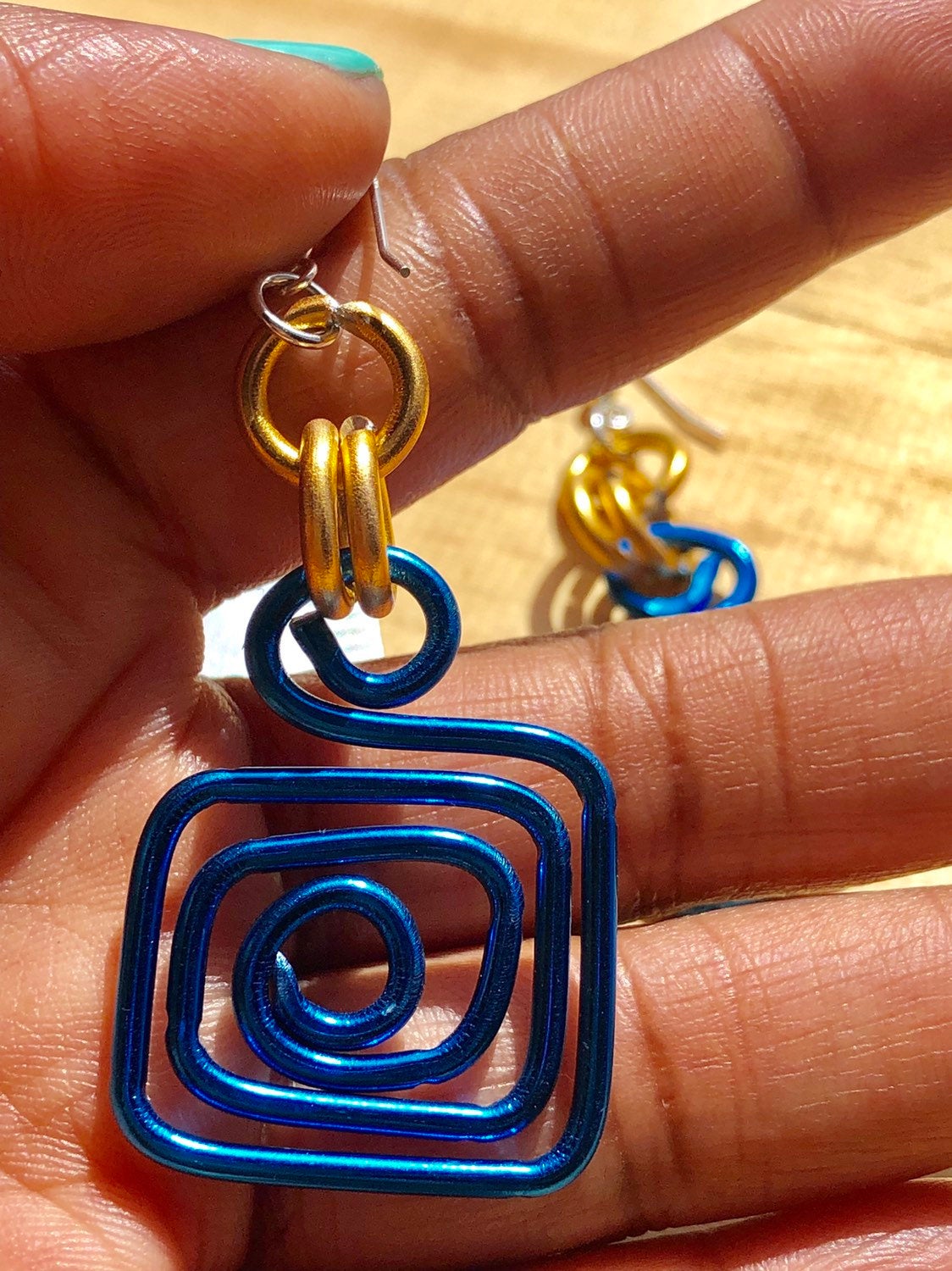 Small Square Blue and Gold Circle Aluminum Wire Earrings with sterling silver ear wire