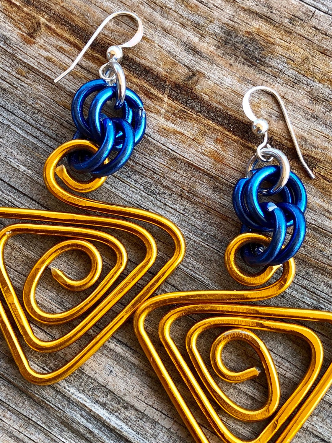 Triangle Gold and Blue Aluminum Wire Earrings with sterling silver ear wire