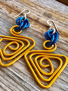 Triangle Gold and Blue Aluminum Wire Earrings with sterling silver ear wire