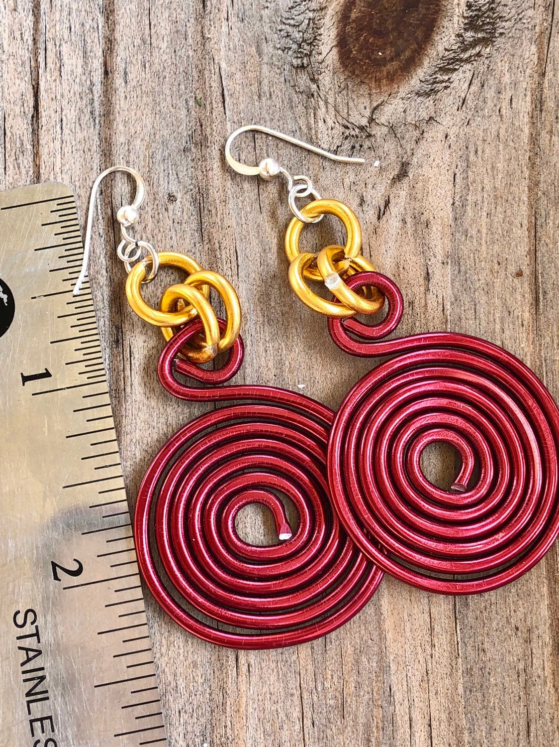 Dark Red and Gold Round Disk Aluminum Wire Earrings with sterling silver ear wire