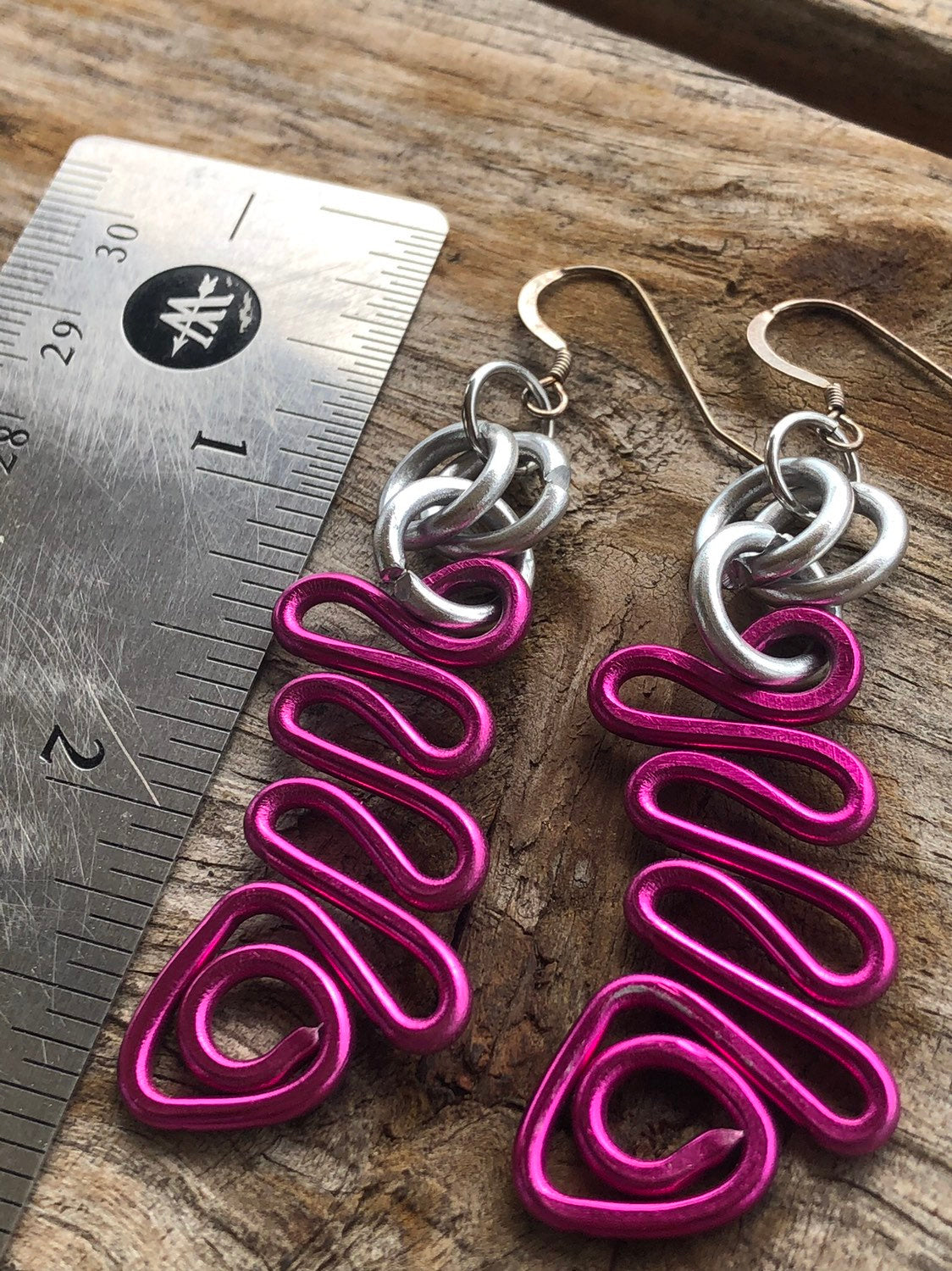 Small Pink zig zag earrings with silver accents and sterling silver ear wire