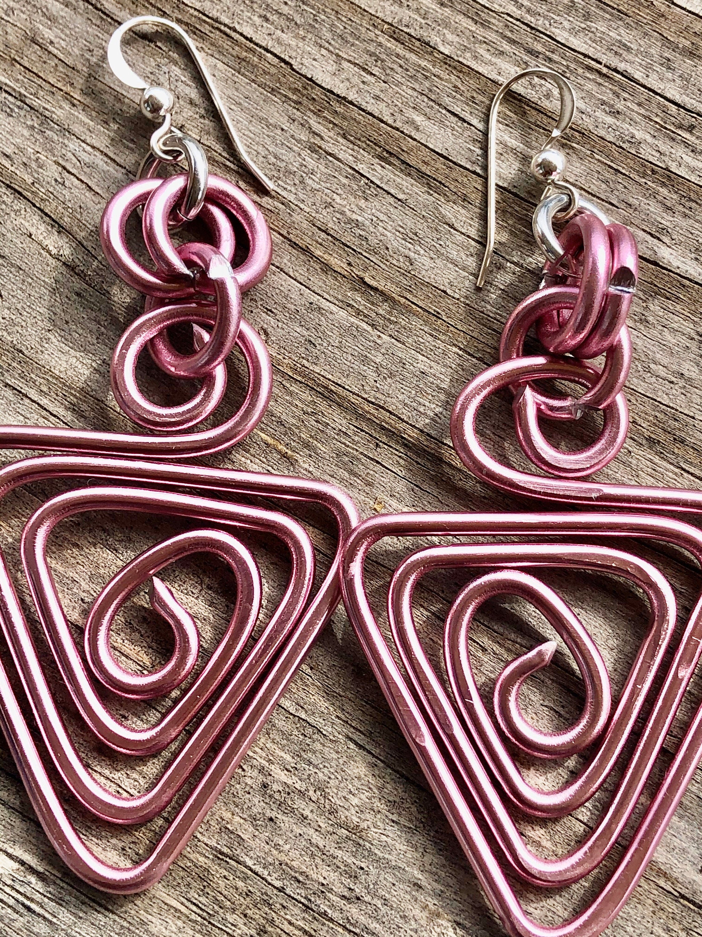 Pink Triangle Aluminum Wire Earrings With Sterling Silver Ear Wire