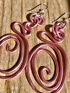 Pink oval abstract wire earrings, Handmade Aluminum Earrings with sterling silver ear wire