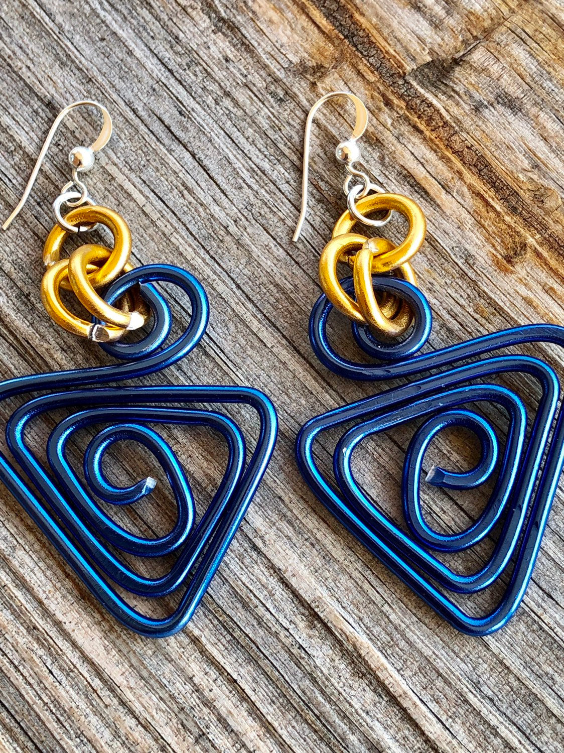 Triangle Blue and Gold Aluminum Wire Earrings with sterling silver ear wire