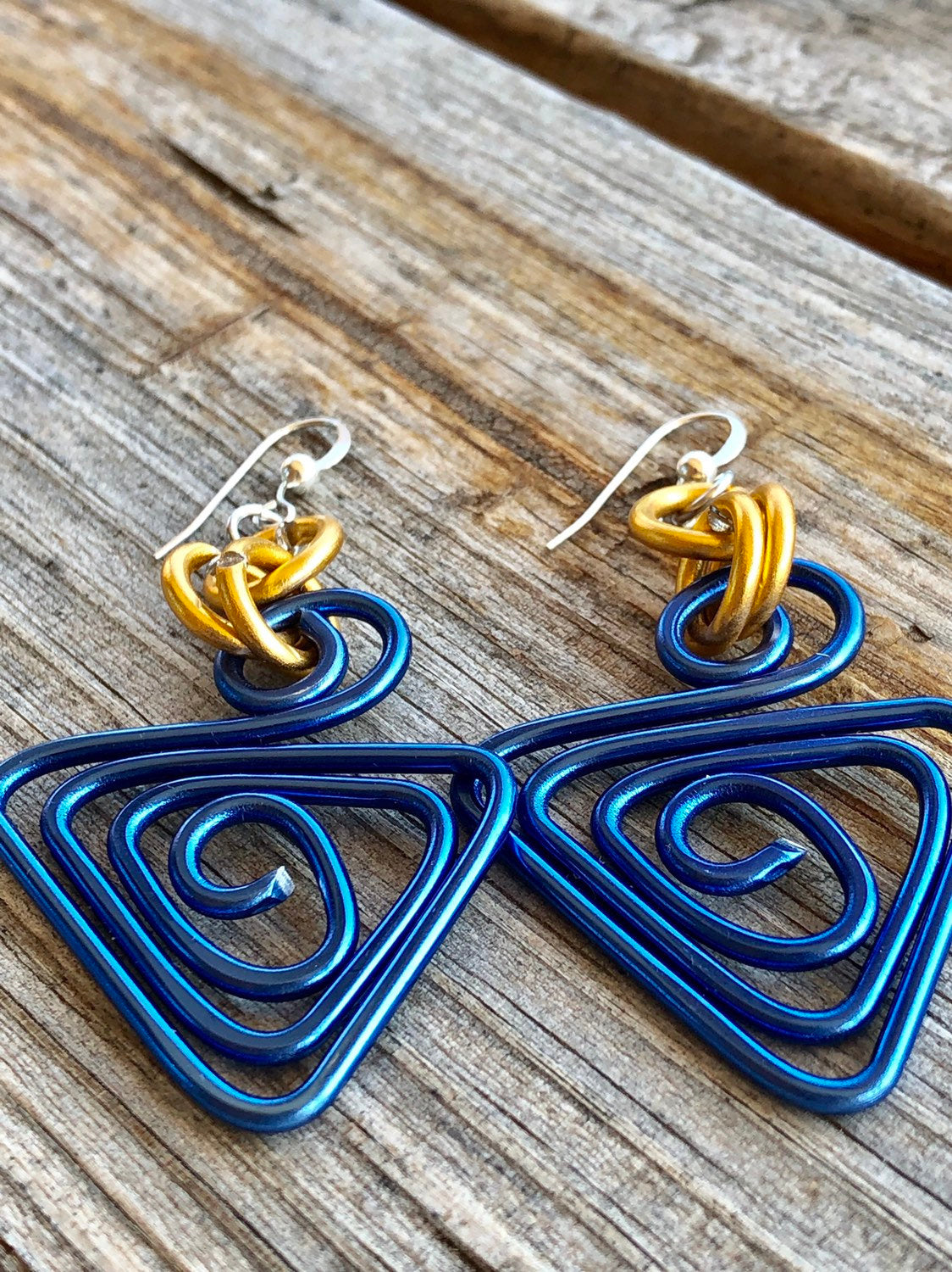 Triangle Blue and Gold Aluminum Wire Earrings with sterling silver ear wire