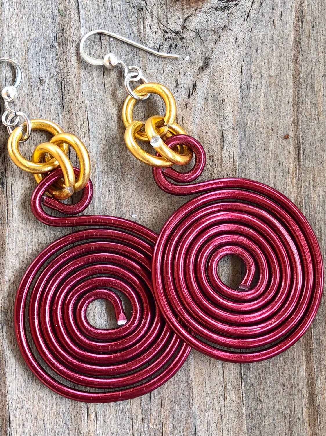 Dark Red and Gold Round Disk Aluminum Wire Earrings with sterling silver ear wire