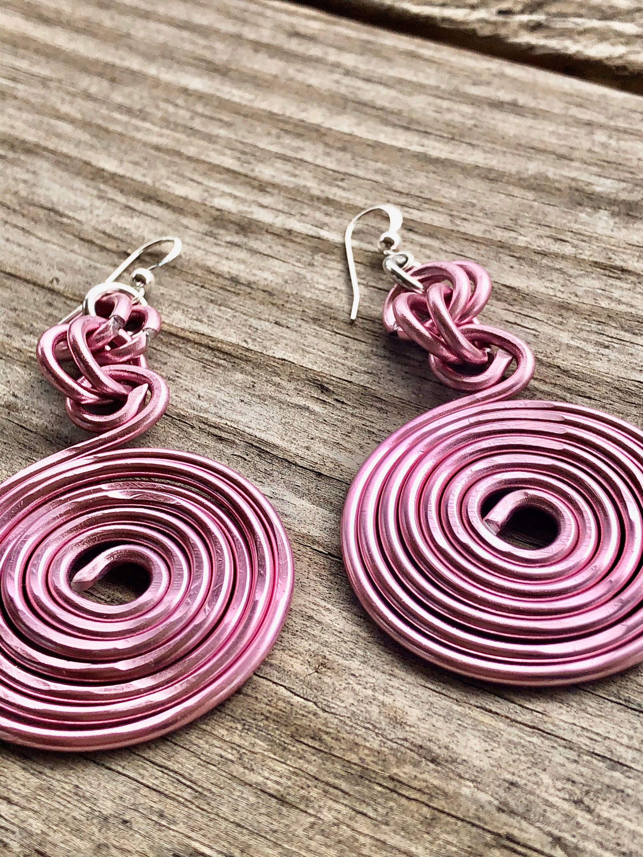 Medium Round Pink Hammered Earrings with Sterling Silver Ear Wire