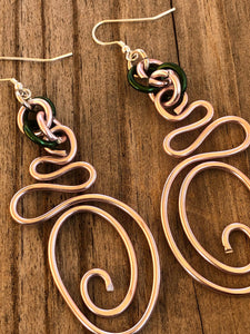 Long Abstract Pink and Green AKA Wire Earrings with sterling silver ear wire