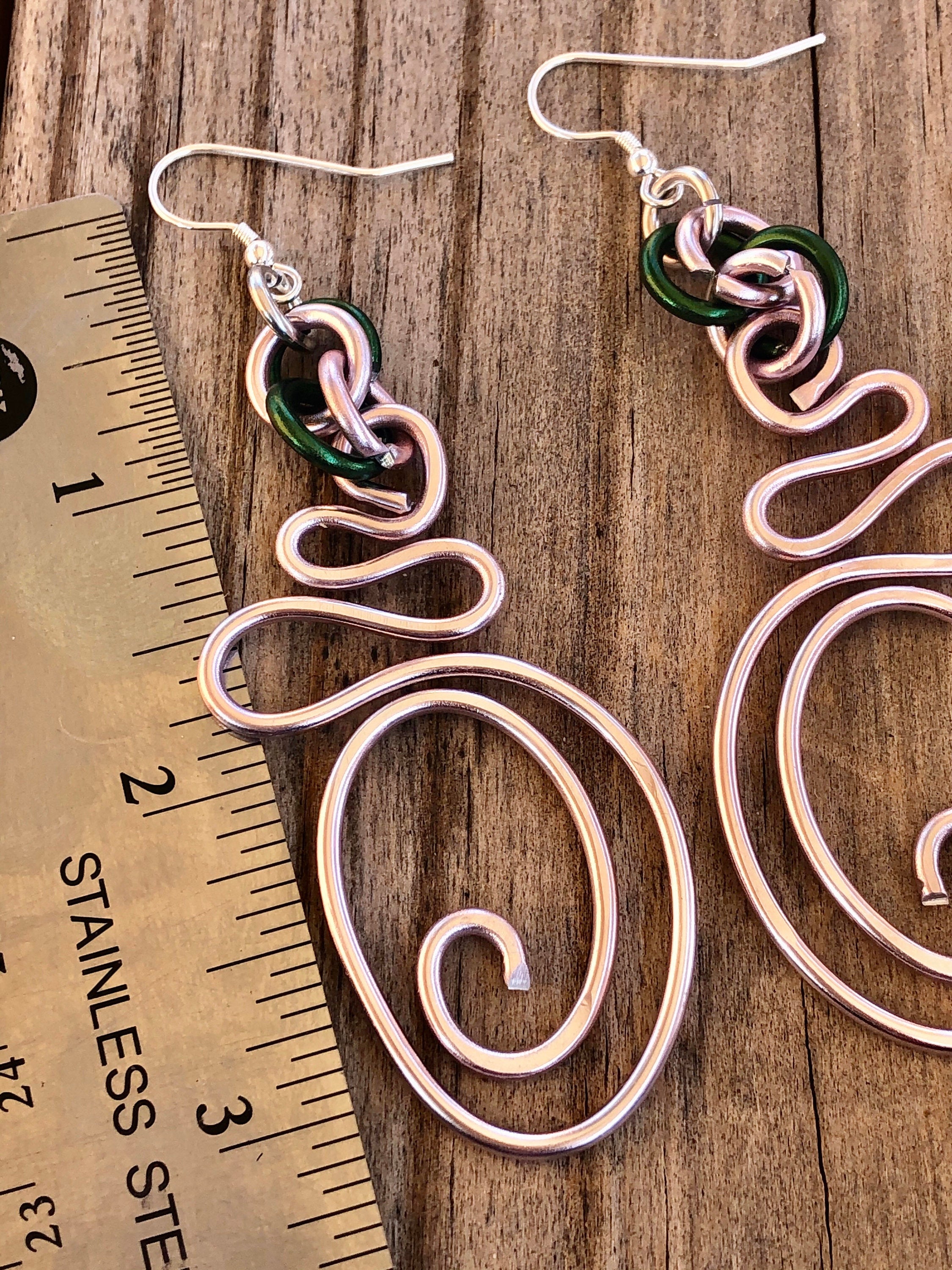 Long Abstract Pink and Green AKA Wire Earrings with sterling silver ear wire