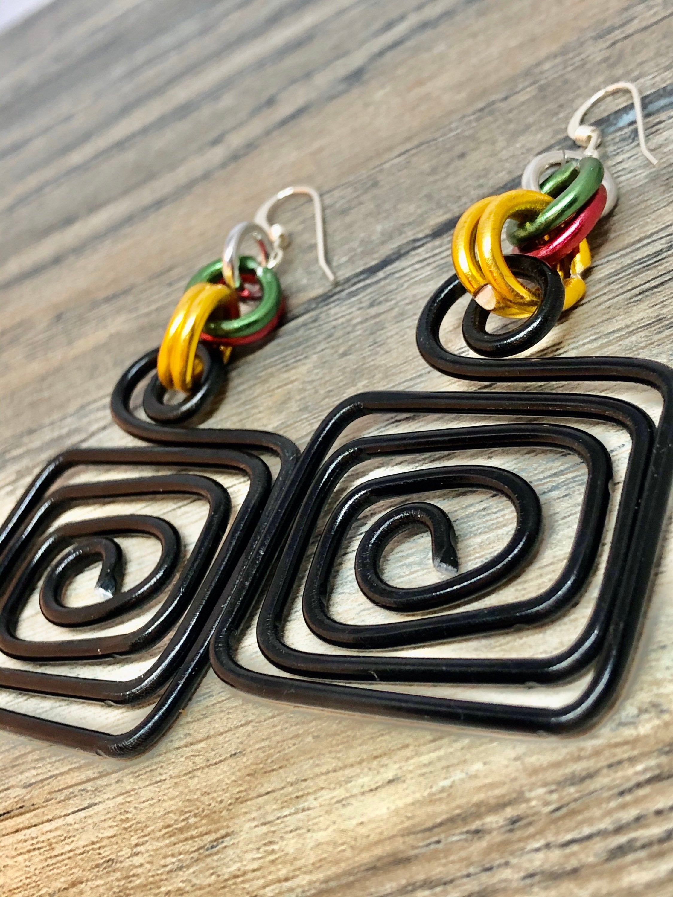 Square Black Aluminum Wire Earrings with Gold Green and Red Accents, Afrocentric