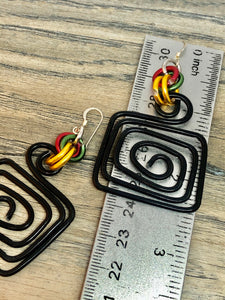 Square Black Aluminum Wire Earrings with Gold Green and Red Accents, Afrocentric
