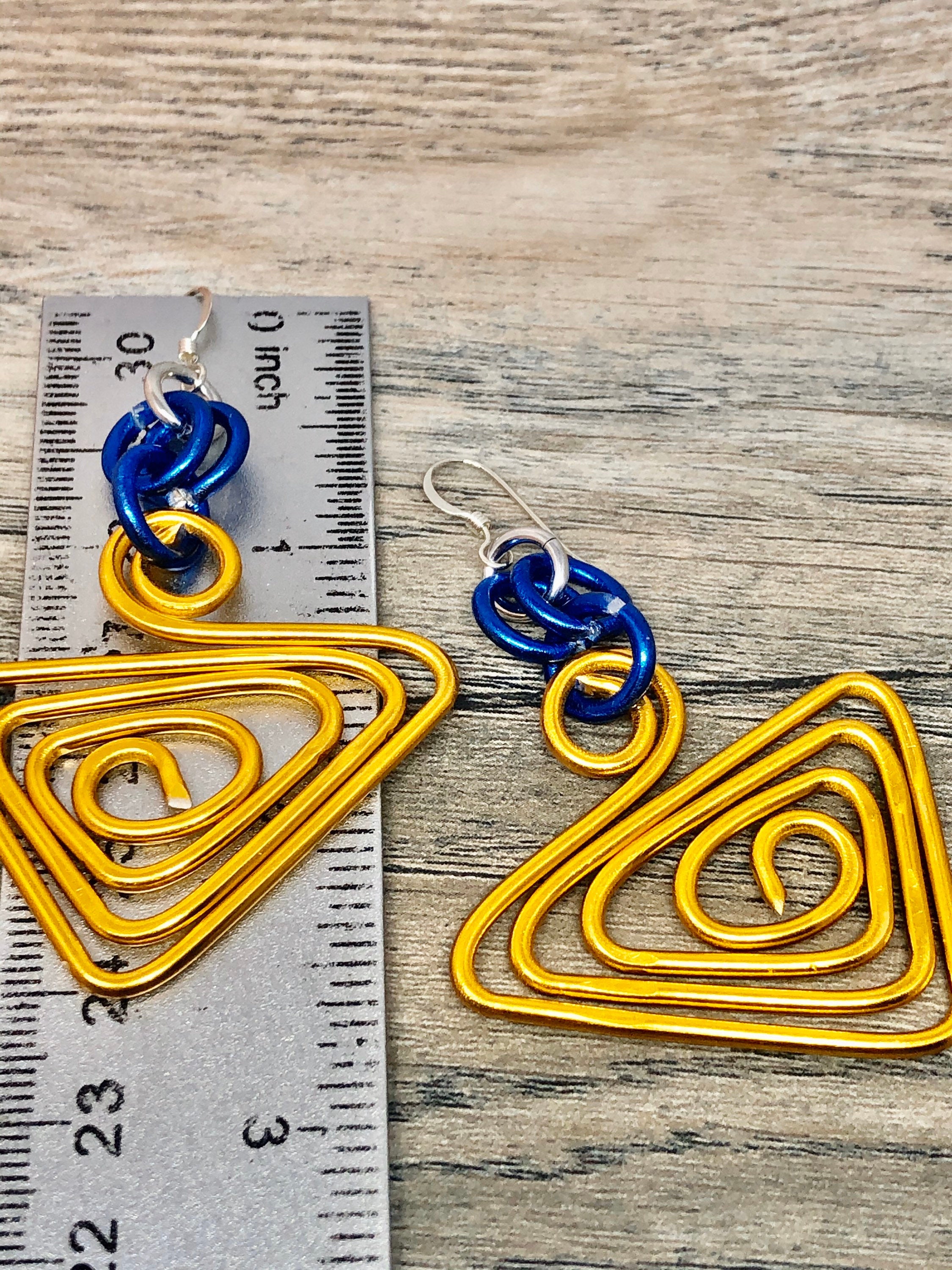 Triangle Shapes Gold and Blue Aluminum Wire Earrings with Sterling Silver Ear Wire