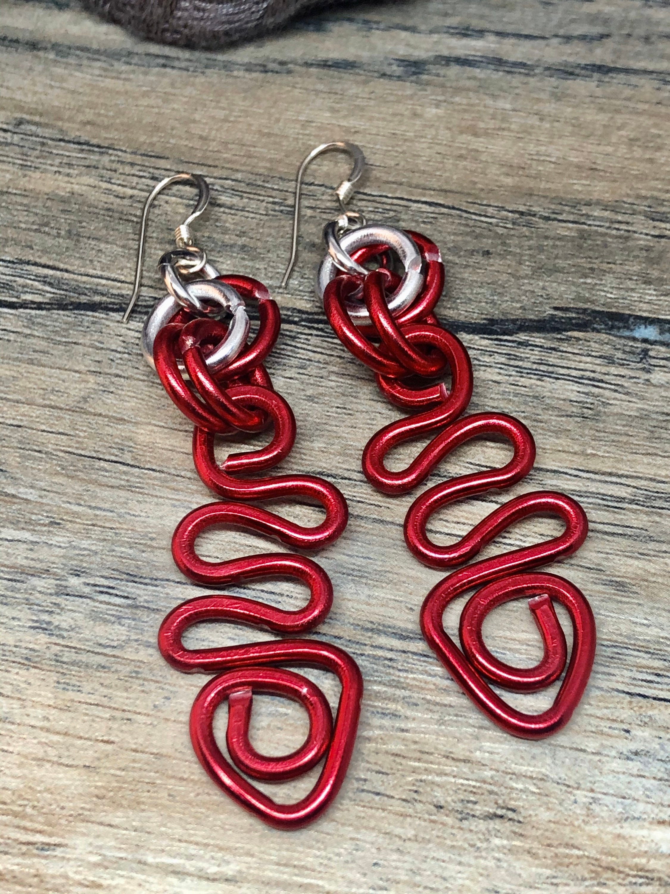 Red Zig zag ShapeAluminum Wire Earrings with Sterling Silver Ear Wire