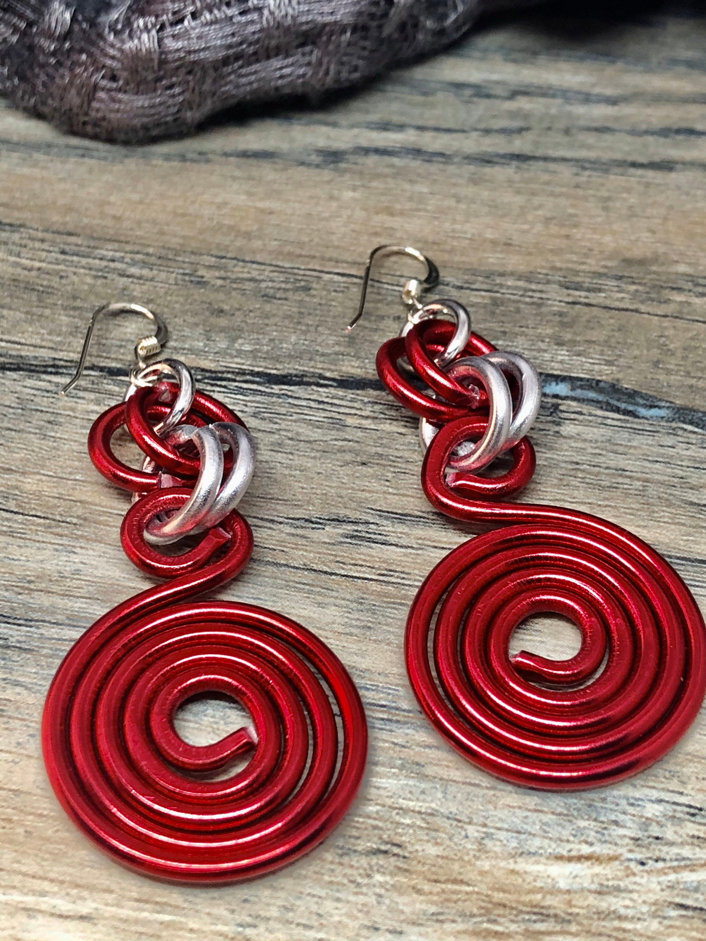 Round Red Earrings, light weight aluminum wire with sterling silver ear wire