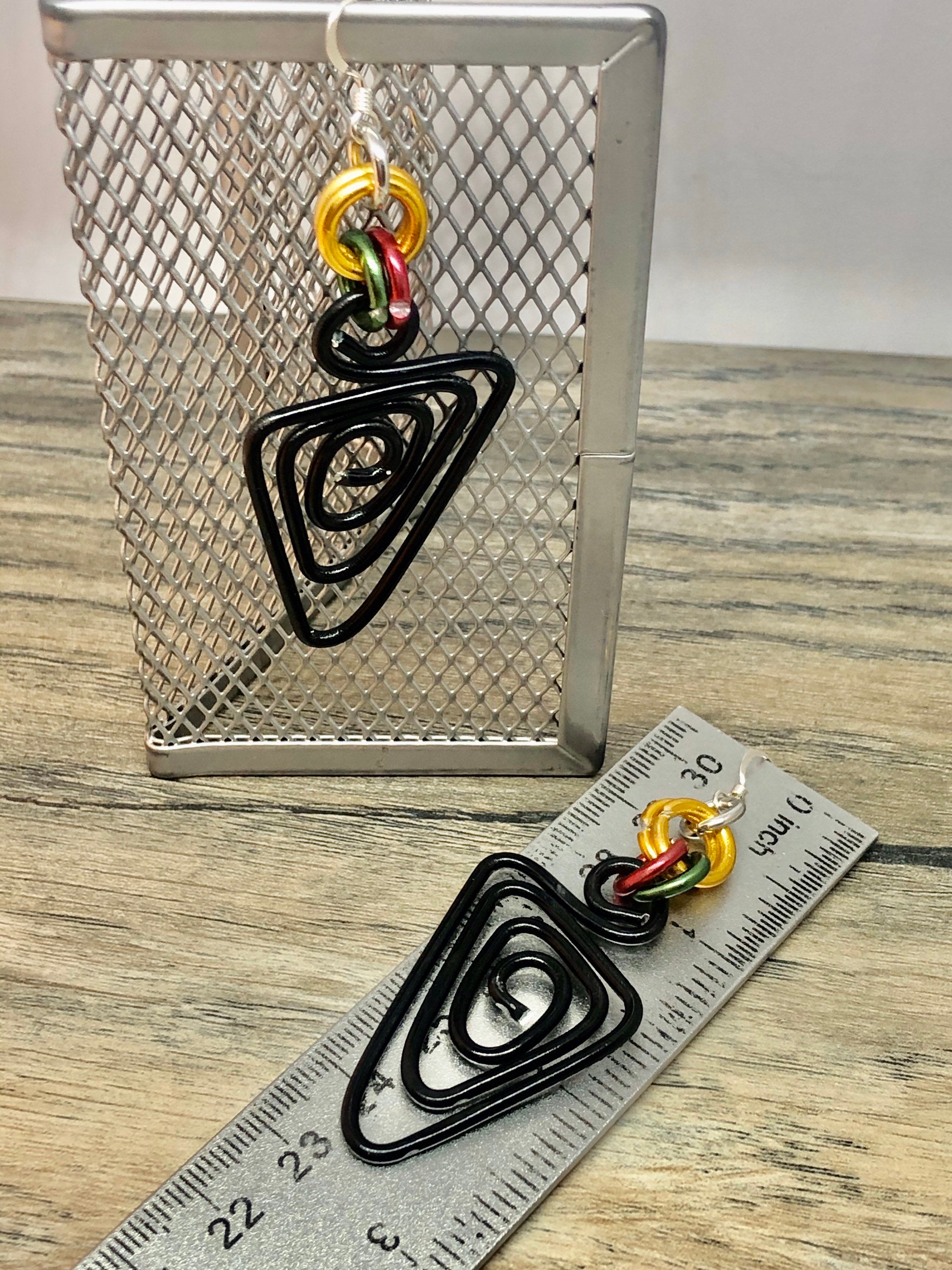 Triangle Black Aluminum Wire Earrings with Gold Green and Red Accents, Afrocentric Earrings