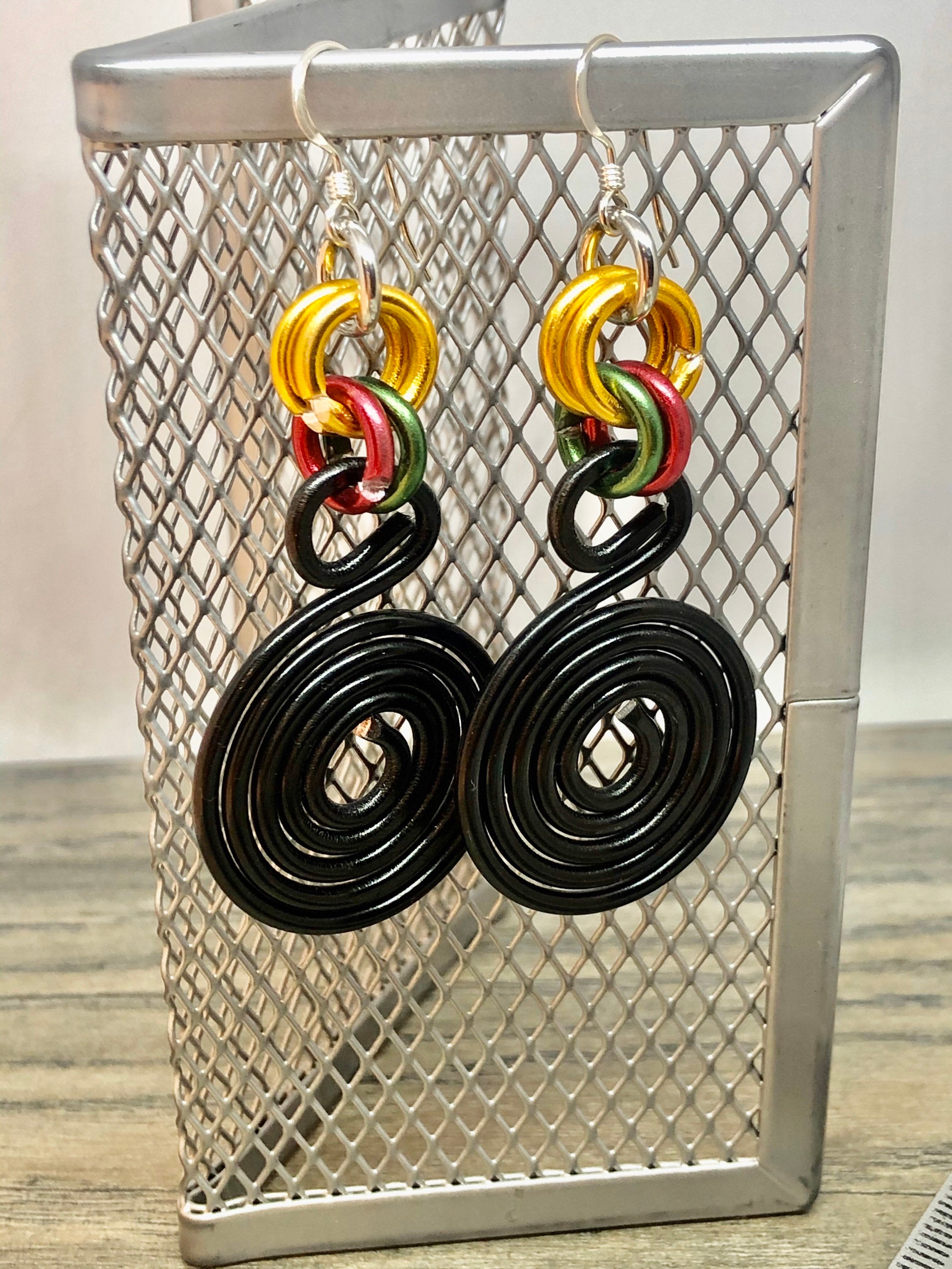 Round Black Aluminum Wire Earrings with Gold Green and Red Accents, Afrocentric Earrings