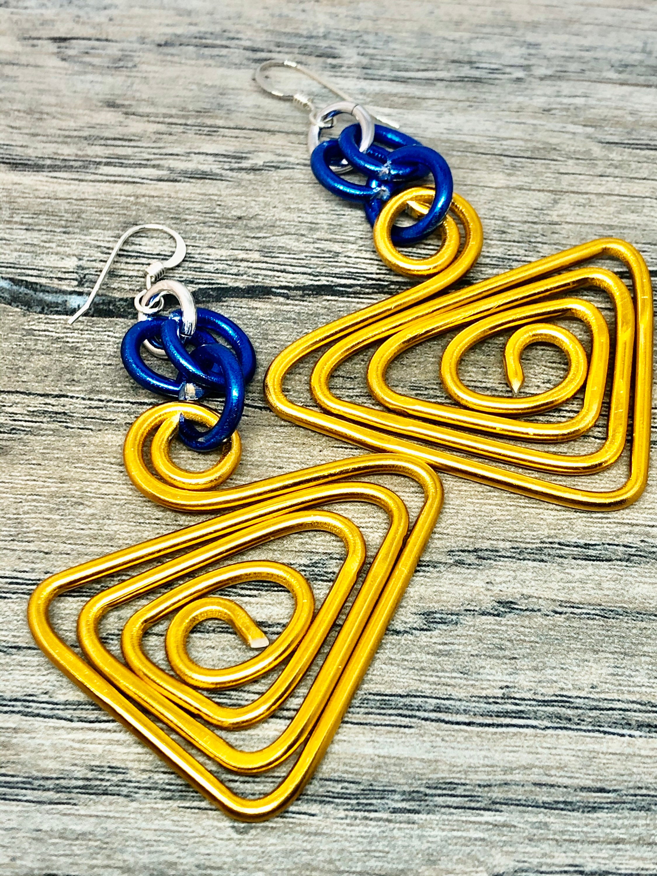 Triangle Shapes Gold and Blue Aluminum Wire Earrings with Sterling Silver Ear Wire