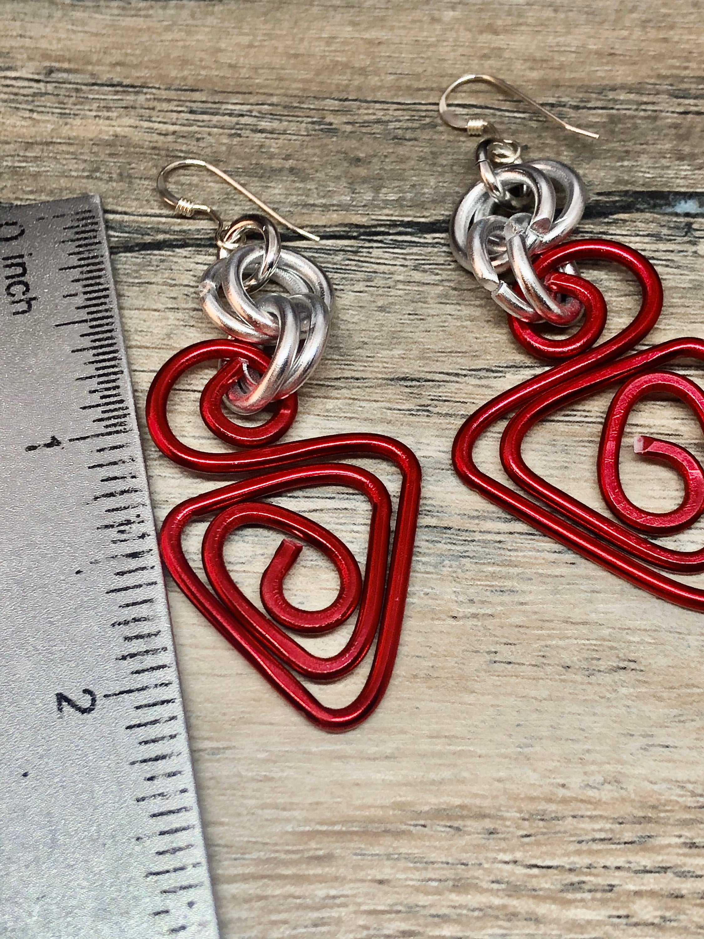 Red Triangle Aluminum Wire Earrings with sterling silver ear wire