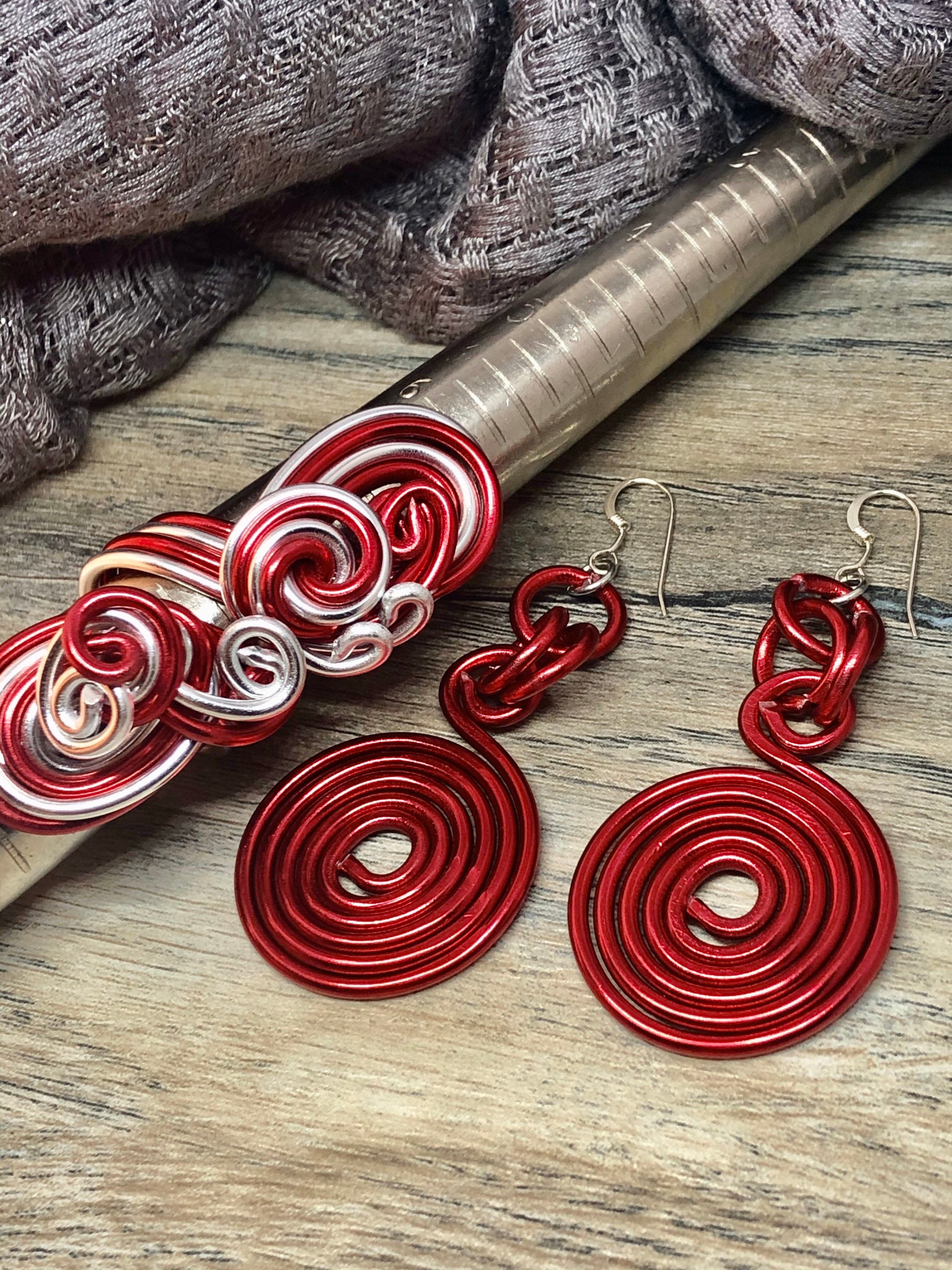 Round Red Earrings, light weight aluminum wire with sterling silver ear wire