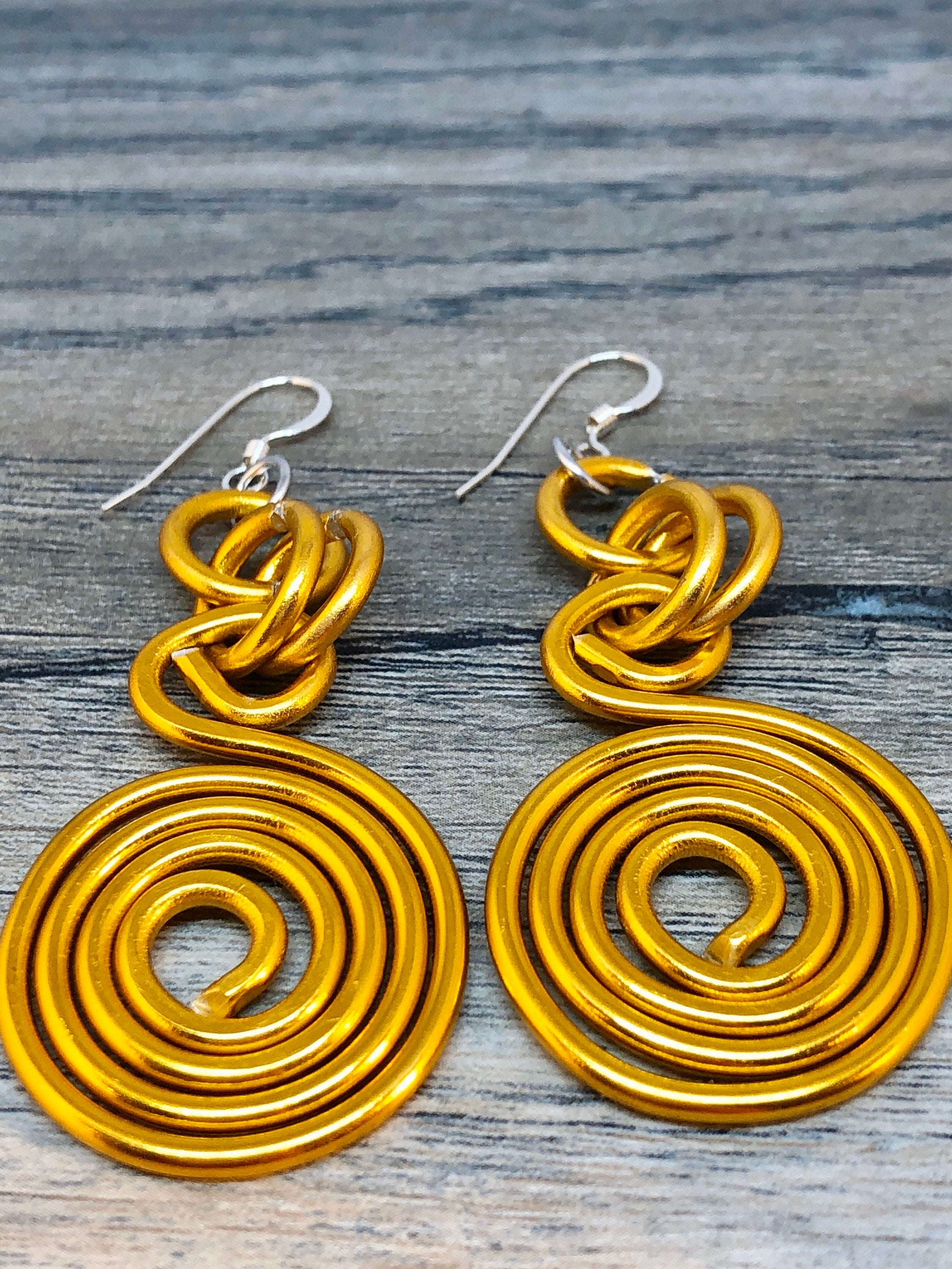 Gold Aluminum Wire Earrings, Circle light weight handmade earrings with sterling silver ear wire