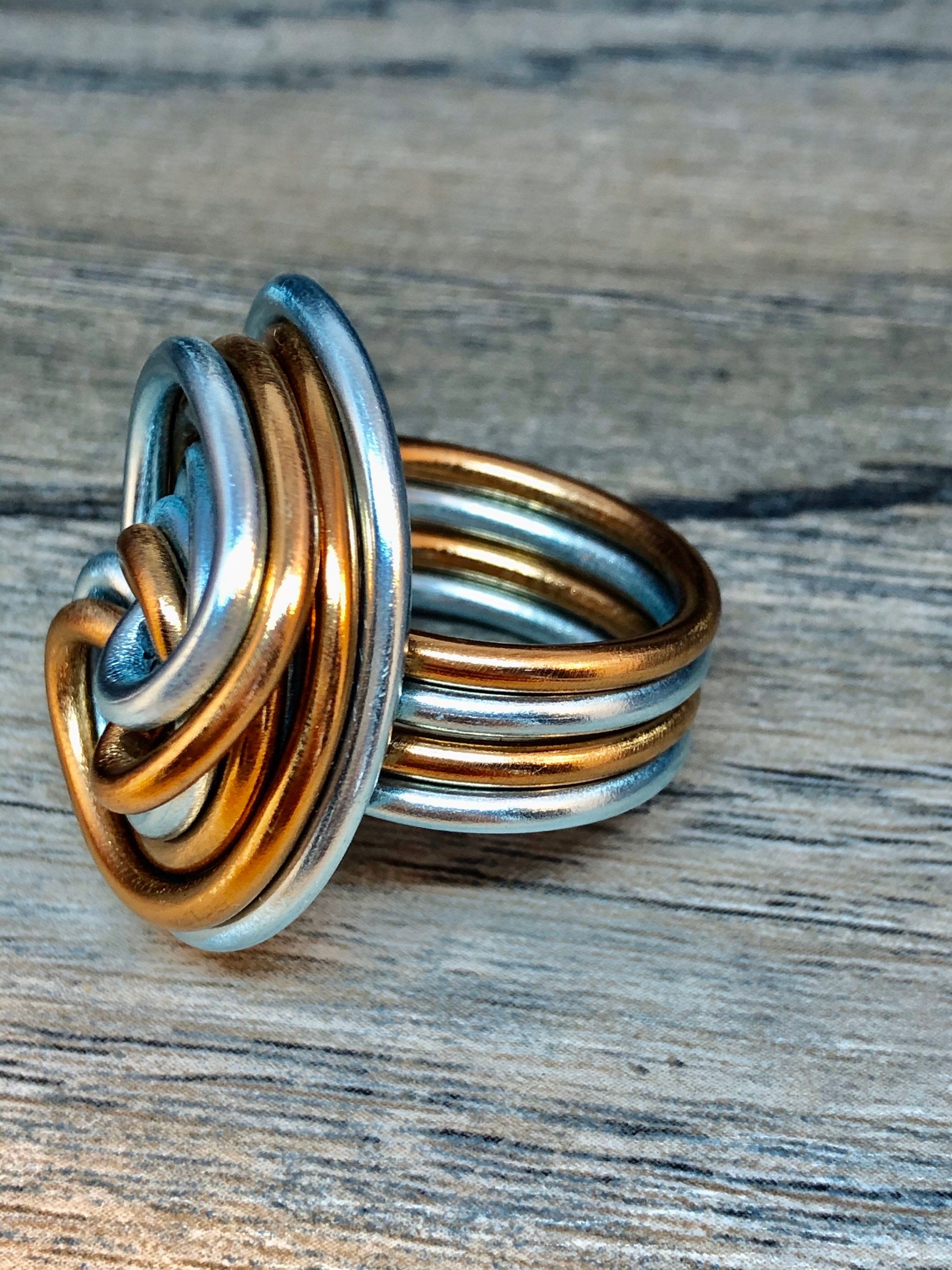 Swirl Ring in Ice Blue and Copper, Aluminum Wire Ring, Custom Statement Ring