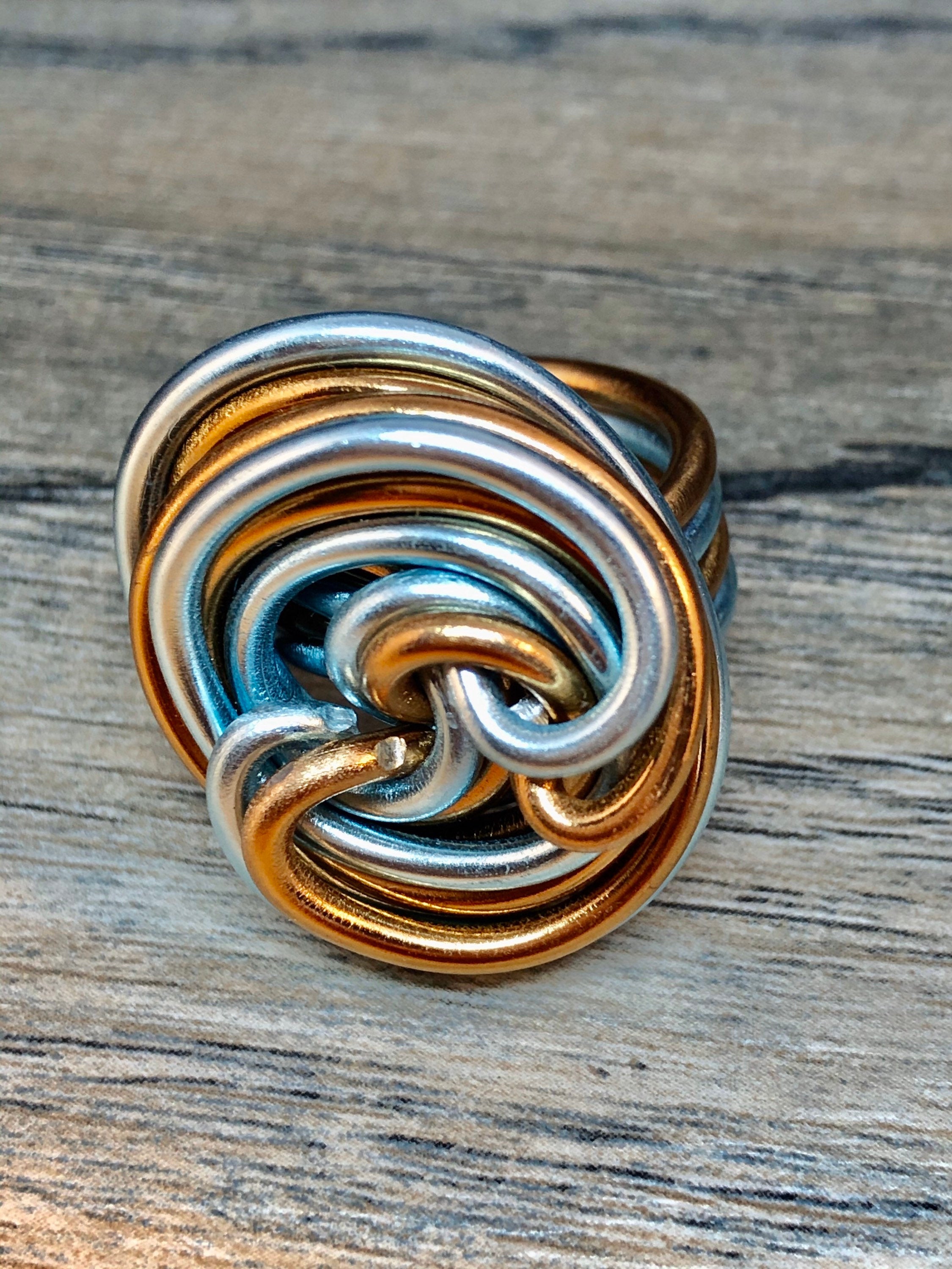 Swirl Ring in Ice Blue and Copper, Aluminum Wire Ring, Custom Statement Ring