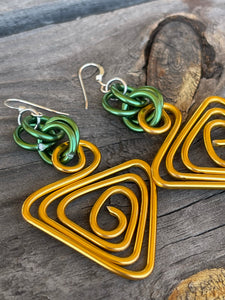 Triangle Gold and Green Aluminum Wire Earrings with Sterling Silver Ear Wire