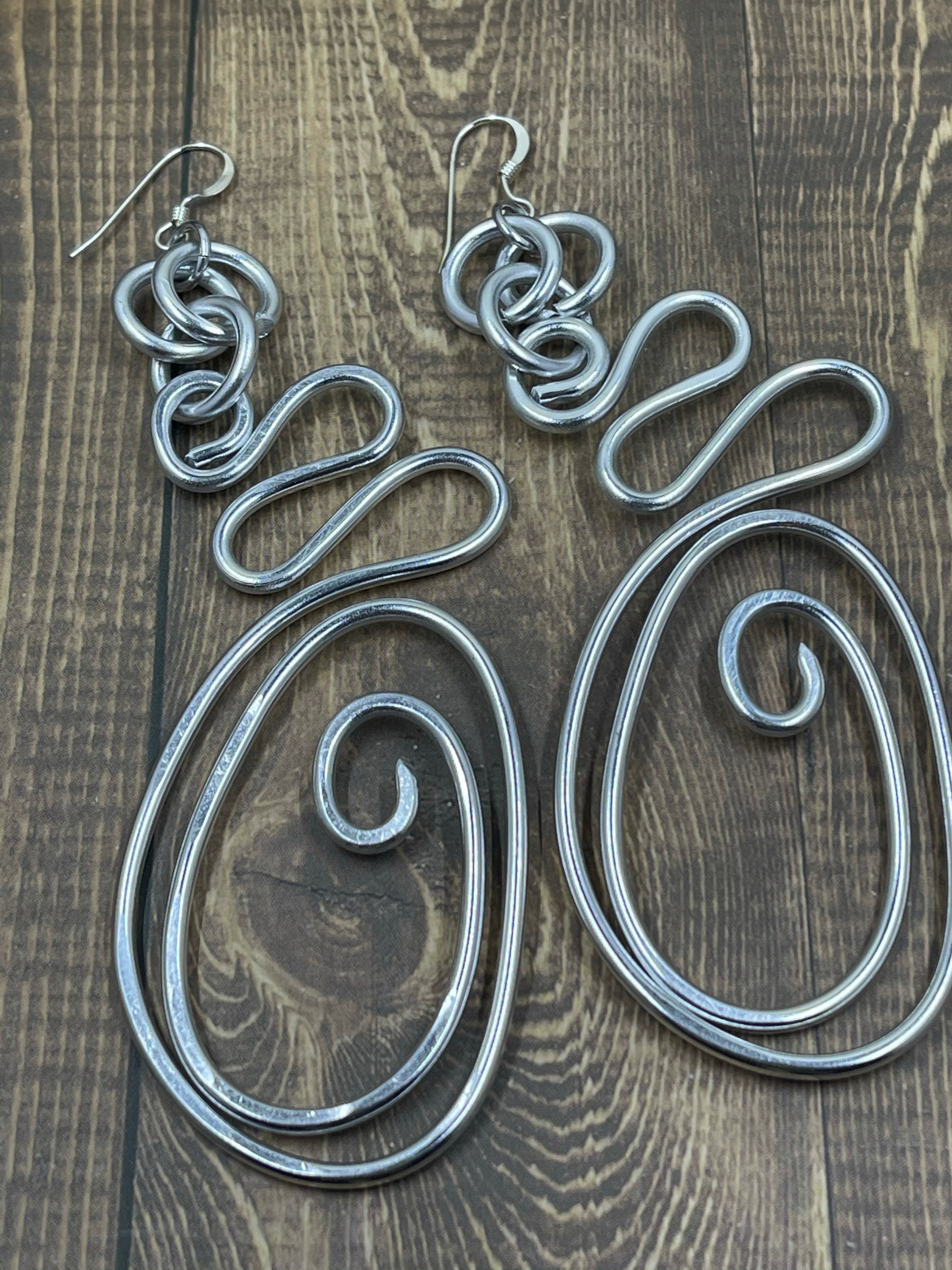 Oval shaped Silver Abstract Aluminum Earrings