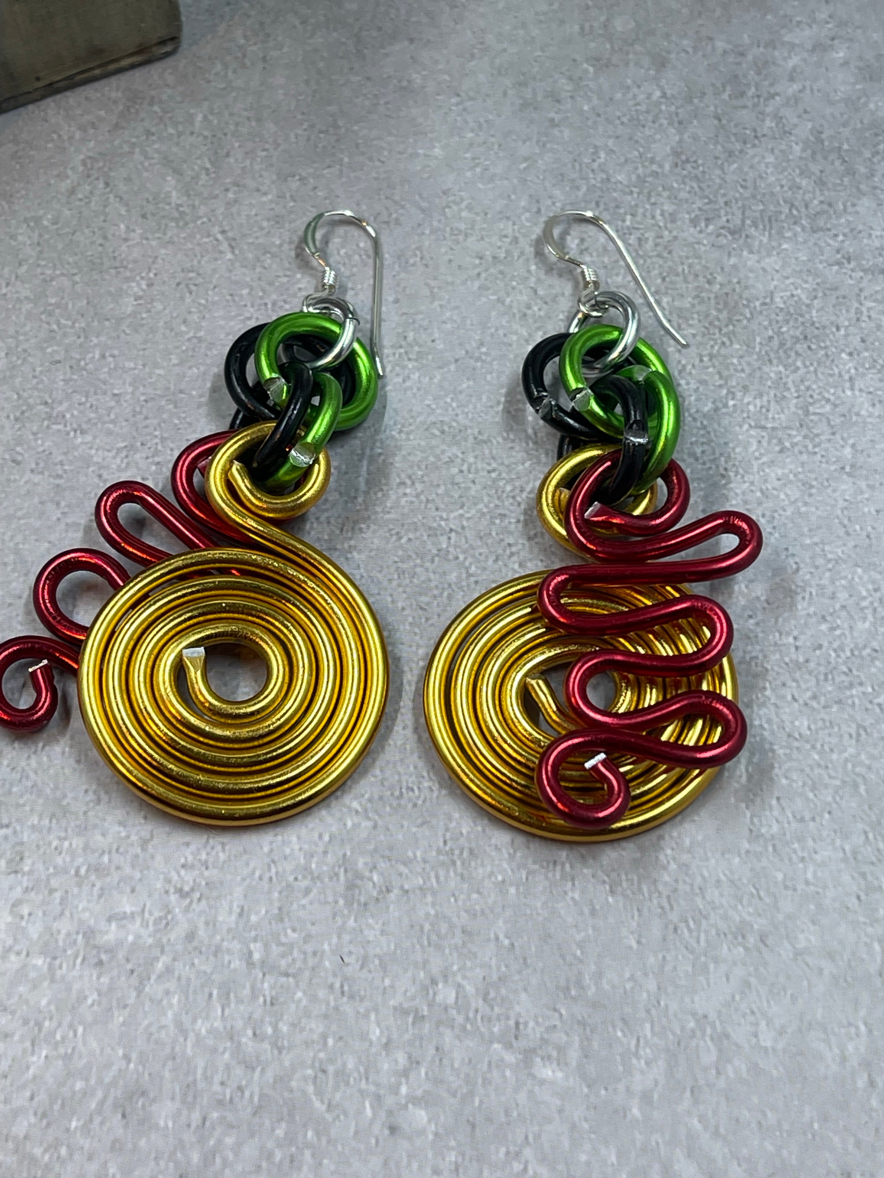 Gold Circle and Red zig zag Earrings