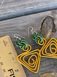 Triangle Gold and Green Aluminum Wire Earrings with Sterling Silver Ear Wire
